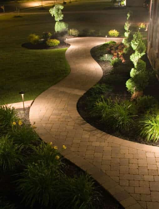A pathway lit up at night in a residential yard.