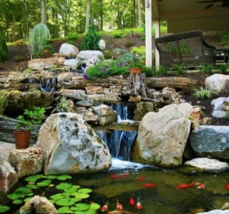 A backyard pond with rocks and koi fish.