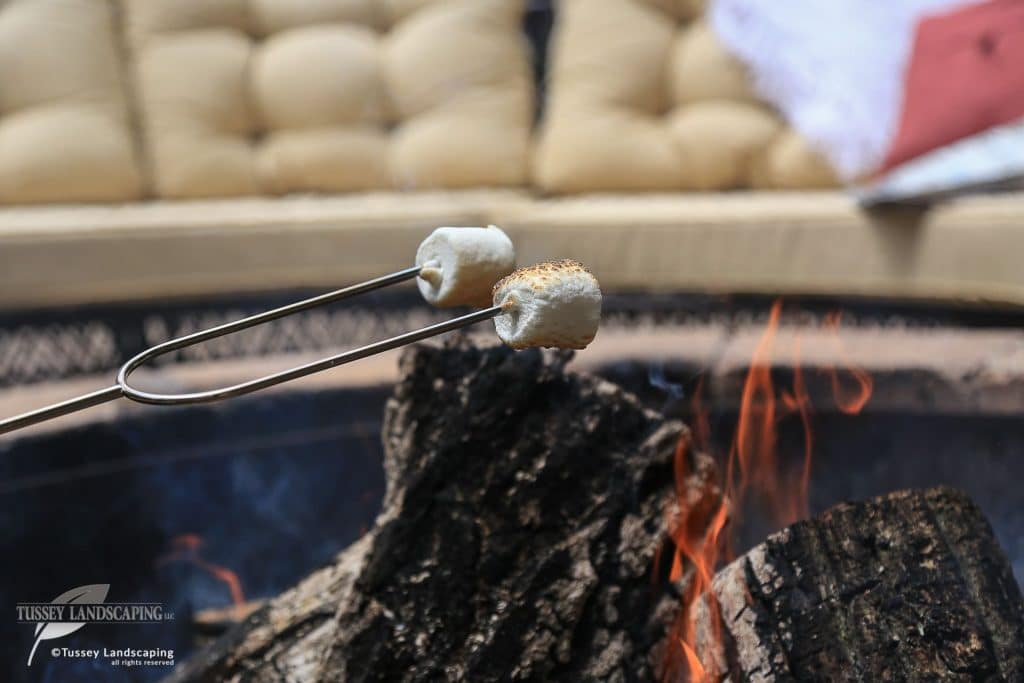S'mores on a stick in a fire pit.