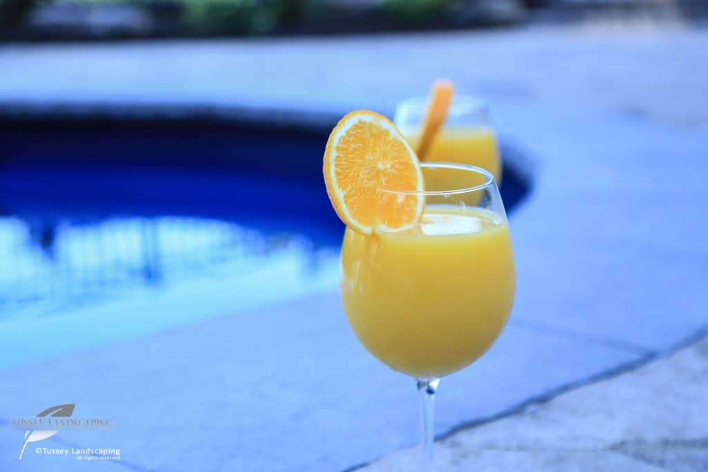 Two glasses of orange juice next to a pool.