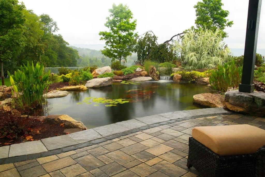 A backyard with a pond and patio furniture.