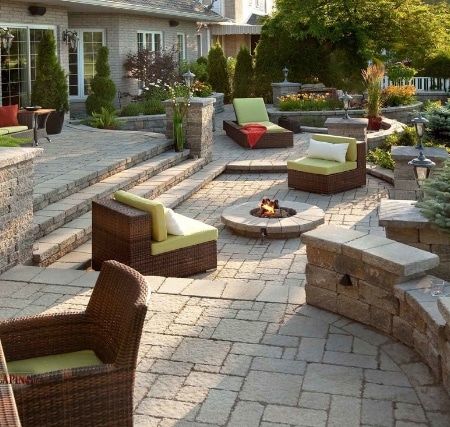 A backyard with a fire pit and patio furniture.