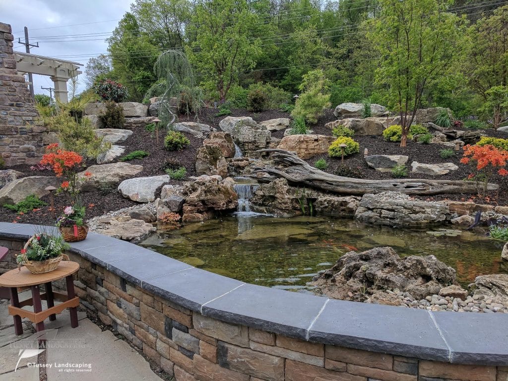 A pond with rocks and a waterfall in a backyard.