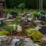 large pond landscaping with mountain boulders and pergola
