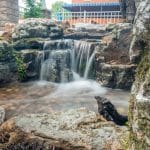 pond water feature with mountain boulders and waterfalls