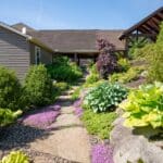flagstone path with planting beds