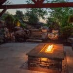 fire pit with led lighting and outdoor living space
