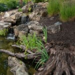 water feature with waterfall, mountain boulders, and landscaping