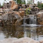 mountain boulders and waterfall