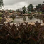 waterfall with koi pond, mountain boulders, and landscaping