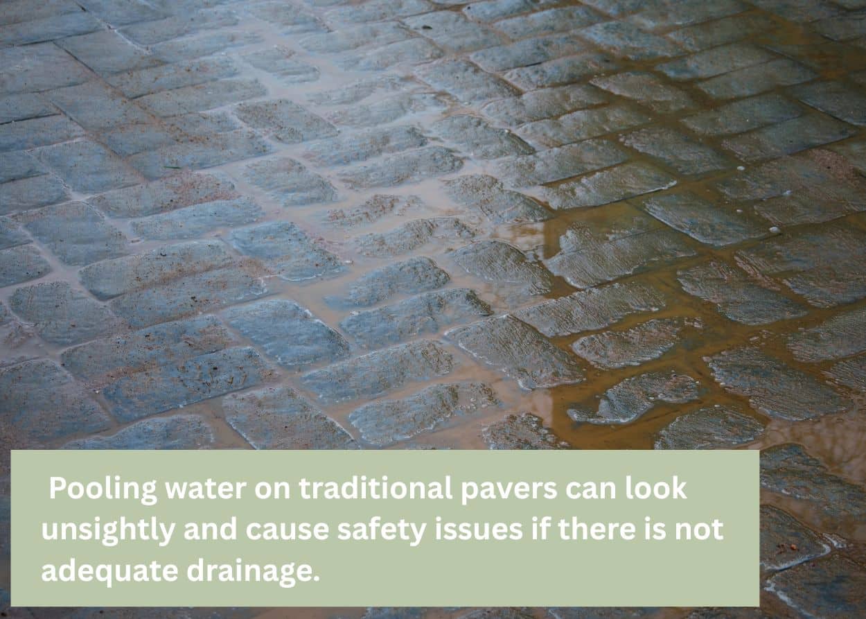 Close-up of wet traditional pavers covered in puddles after rainfall, highlighting poor drainage compared to permeable paving systems. Caption: Pooling water on traditional pavers can look unsightly and cause safety issues if there is not adequate drainage.