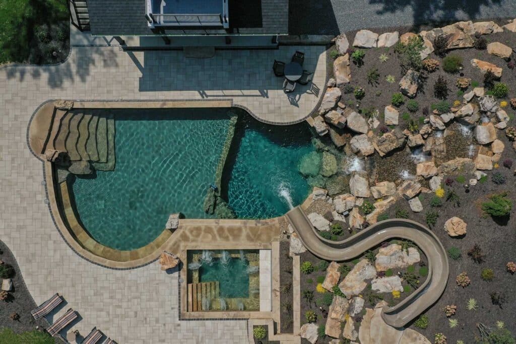 Outdoor living space with Rec Pond and Water Slide