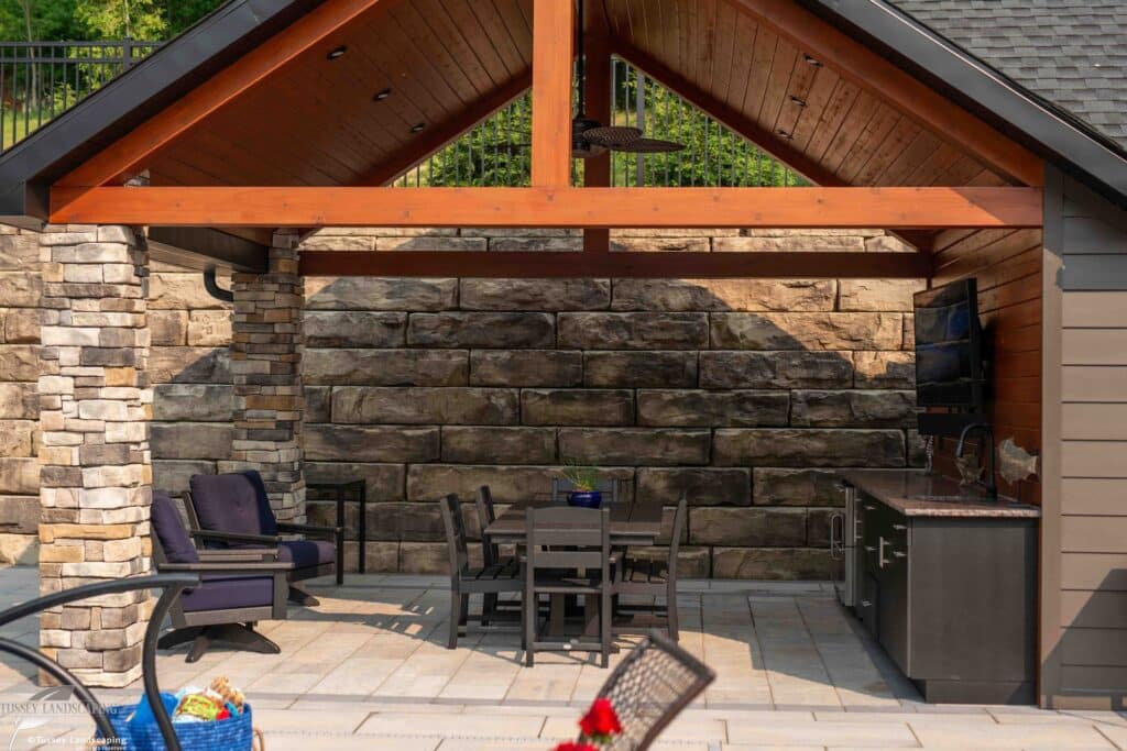 Outdoor living space in Bedford PA with Retaining Wall & Pavilion
