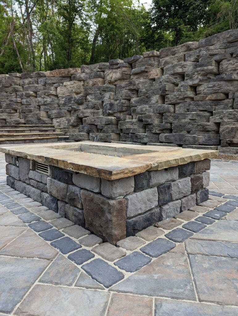 hollidaysburg pa, retaining wall, rosetta outcropping, fire pit