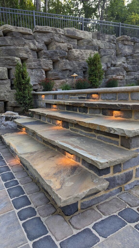 Paver stone stairs, retaining wall, paver patio