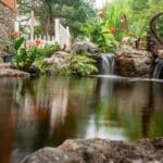 pond with waterfall and landscaping and mountain boulders