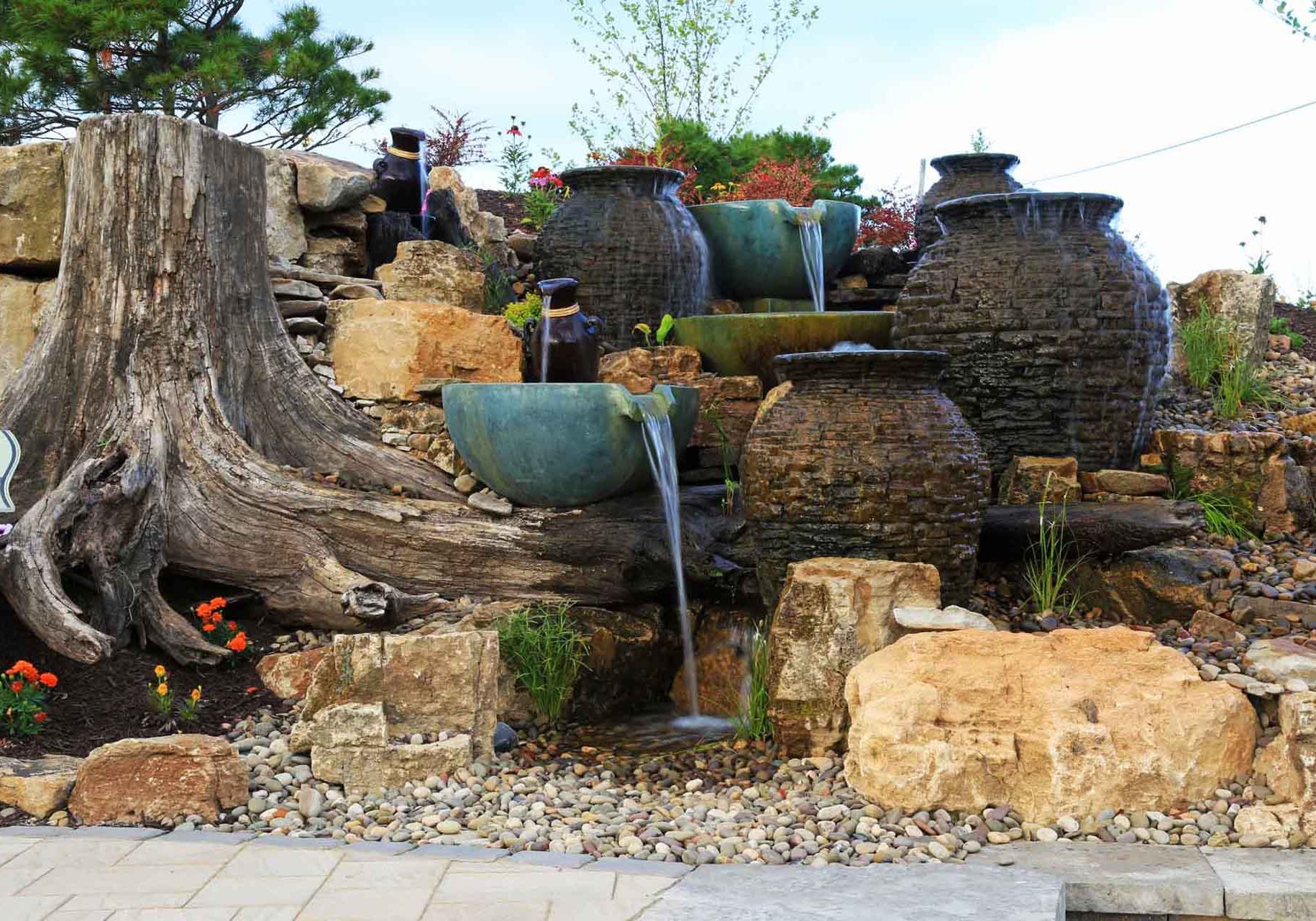 A waterfall in a garden.