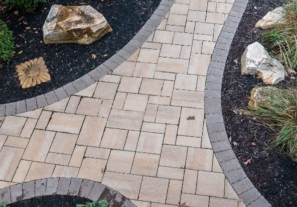 A paved walkway with rocks and plants in the background.