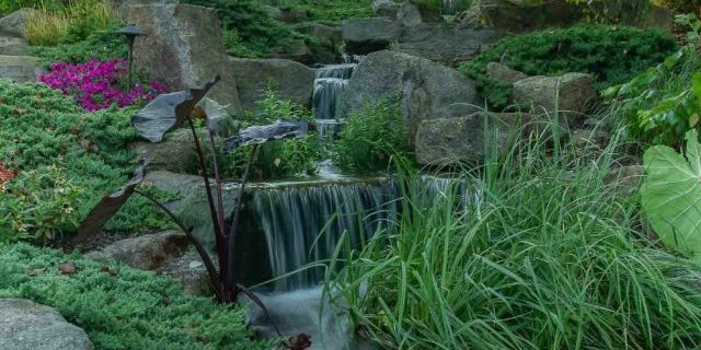 A waterfall in a garden surrounded by rocks and plants.